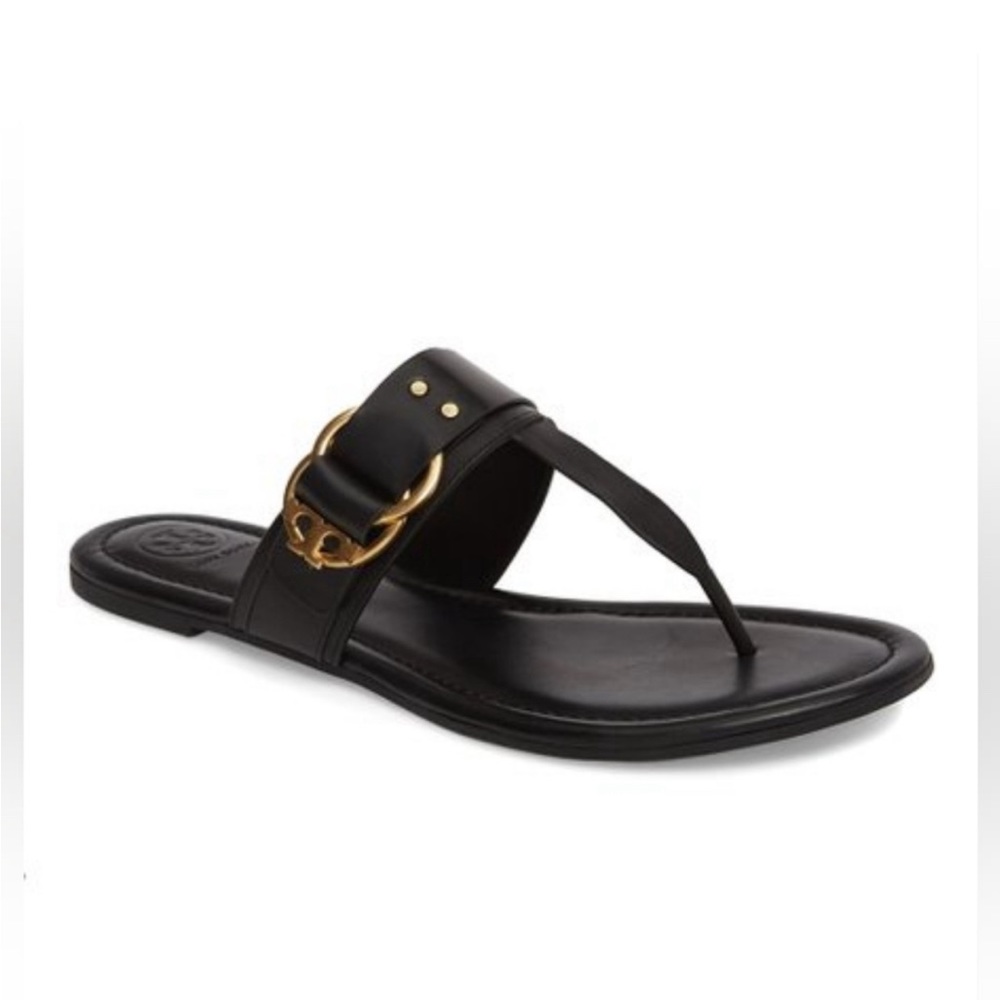 Tory Burch Black Leather and Gold Sandals